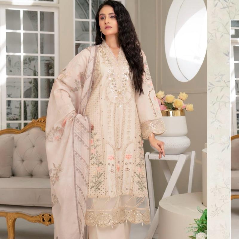 Munira beige heavy embroidered cotton 3PC
