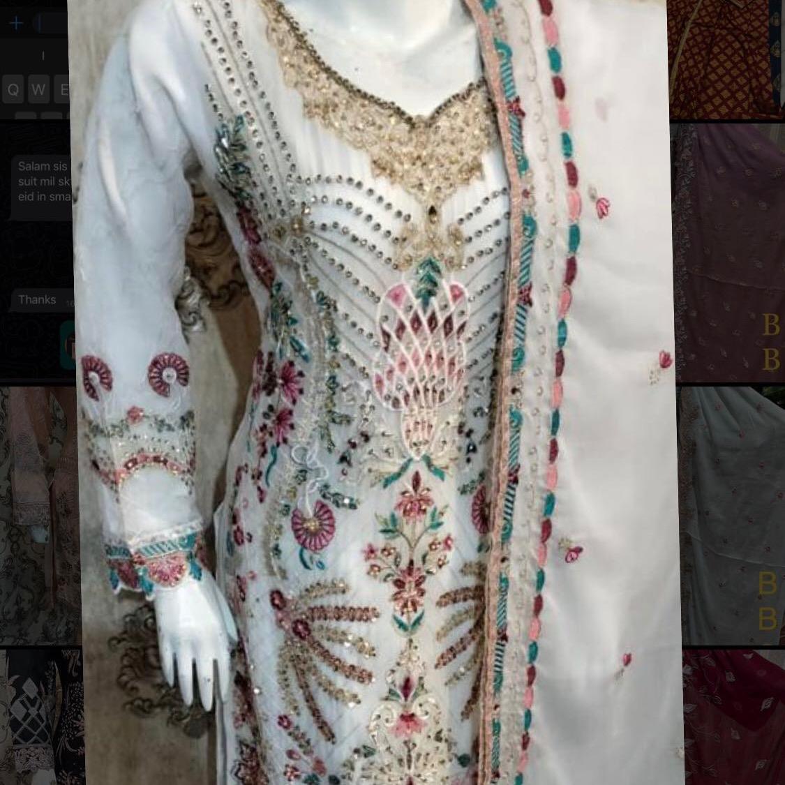 White with multi embroidered fancy chiffon party wear