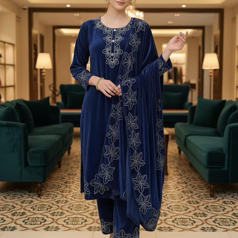 Navy Blue Velvet 3PC Set with Straight Trousers and Shawl Embellished with Rhinestones for Elegant Outfits