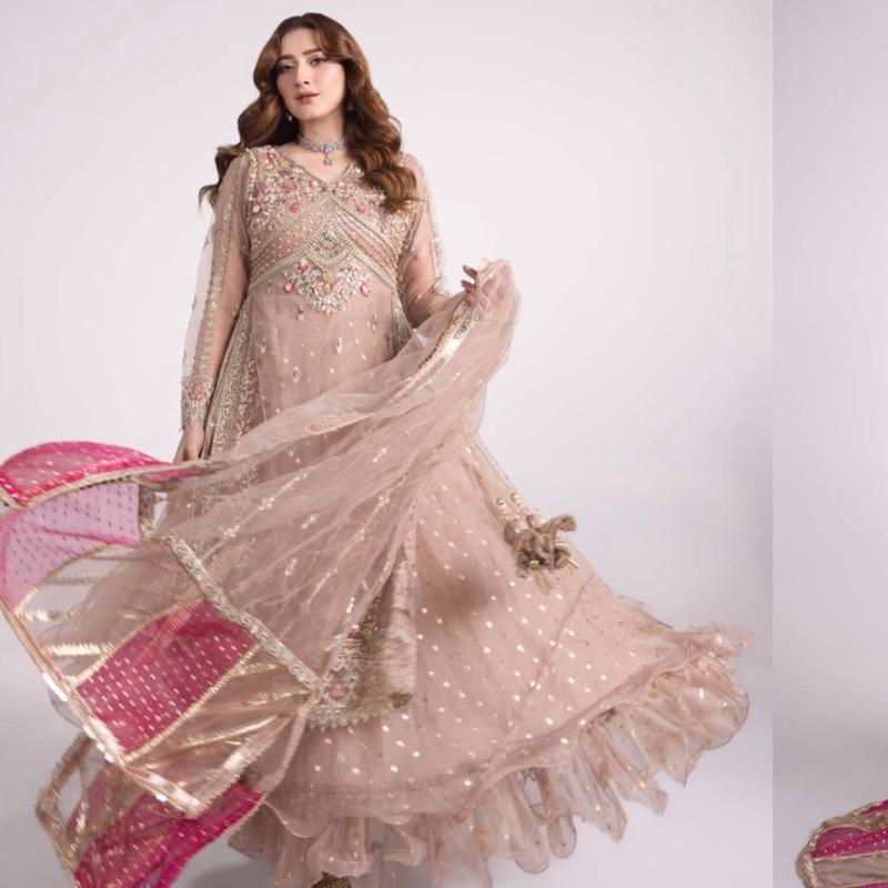 Heavy Maxi Dress with Gown Dupatta and Trousers in Elegant Pink and White Embroidered Design