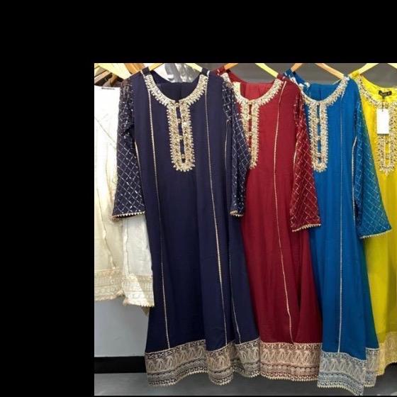 Dark blue mirror work chiffon 3PC