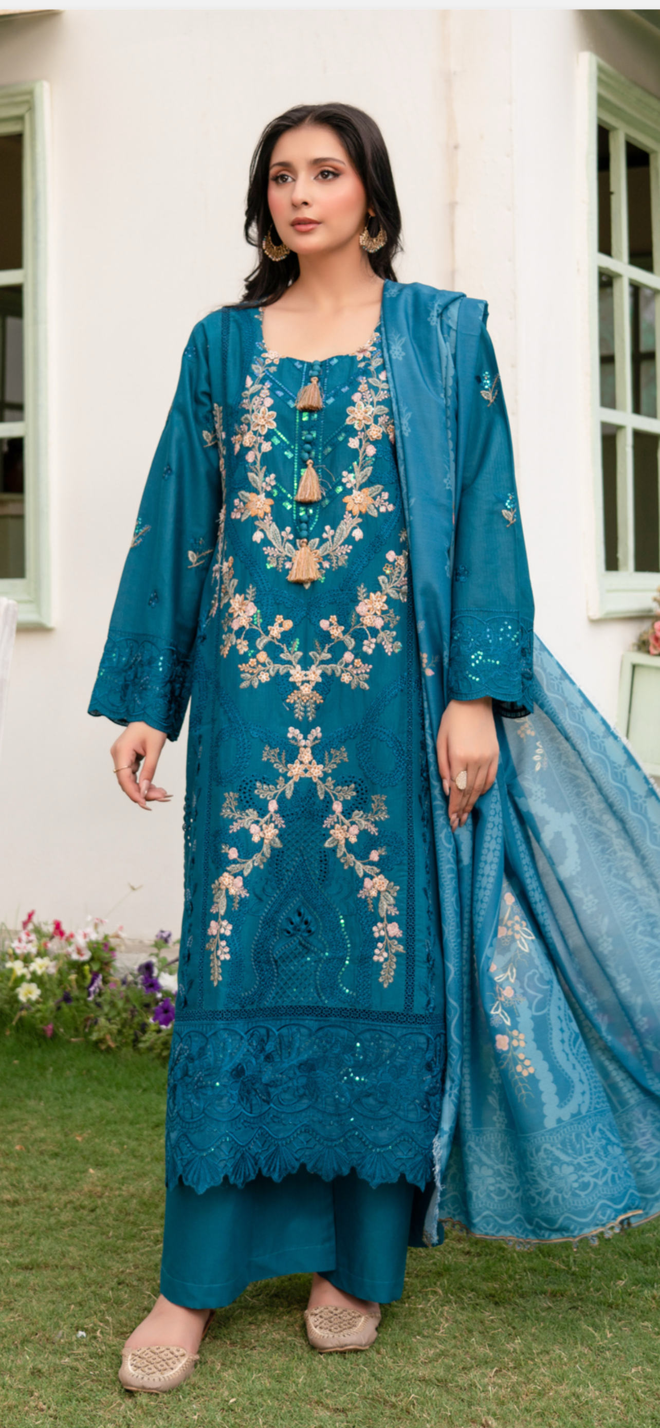 Munira teal cotton lawn heavy embroidered 3PC