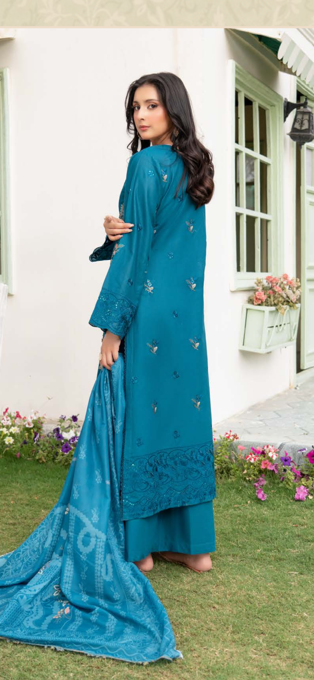 Munira teal cotton lawn heavy embroidered 3PC