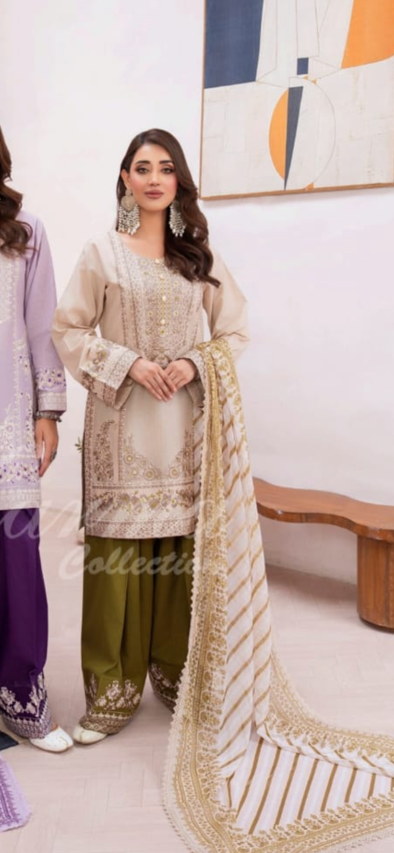 Latest karma beige embroidered shirt with olive fashi shalwar and dupatta