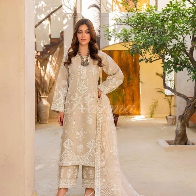 Karma Beige Cotton Embroidered 3PC Set with Intricate Motifs and Elegant Fit for Special Occasions