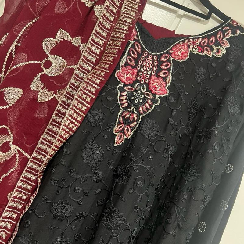 Black with maroon gharara chiffon suit