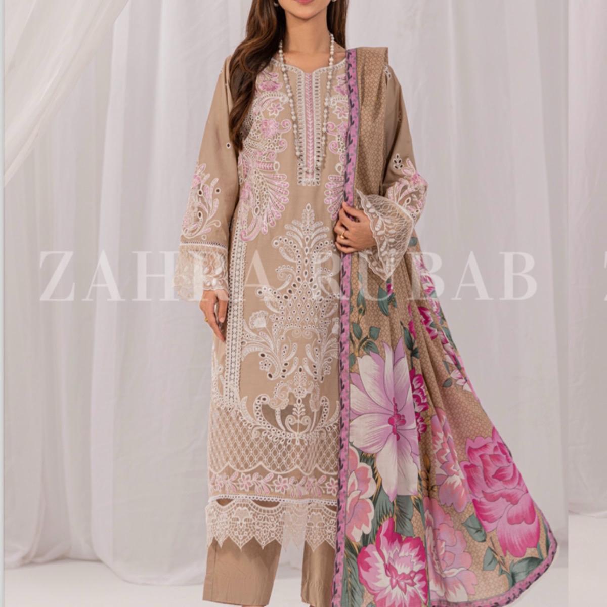 Zahra Rubab beige with pink embroidery