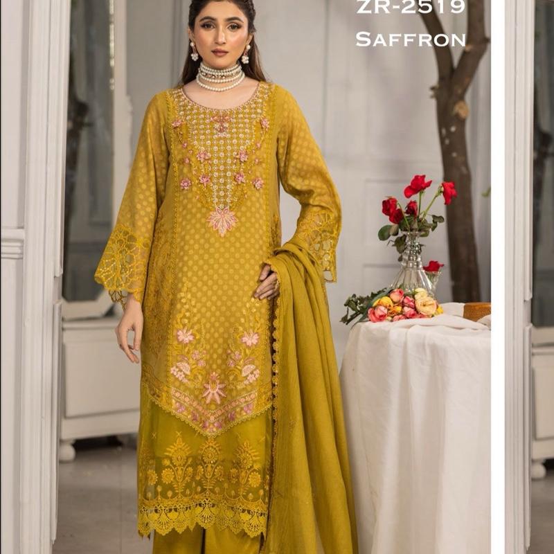Zahra Rubab Safron Fancy Khadi Net 3PC Suit for Women - Womenswear, Asian