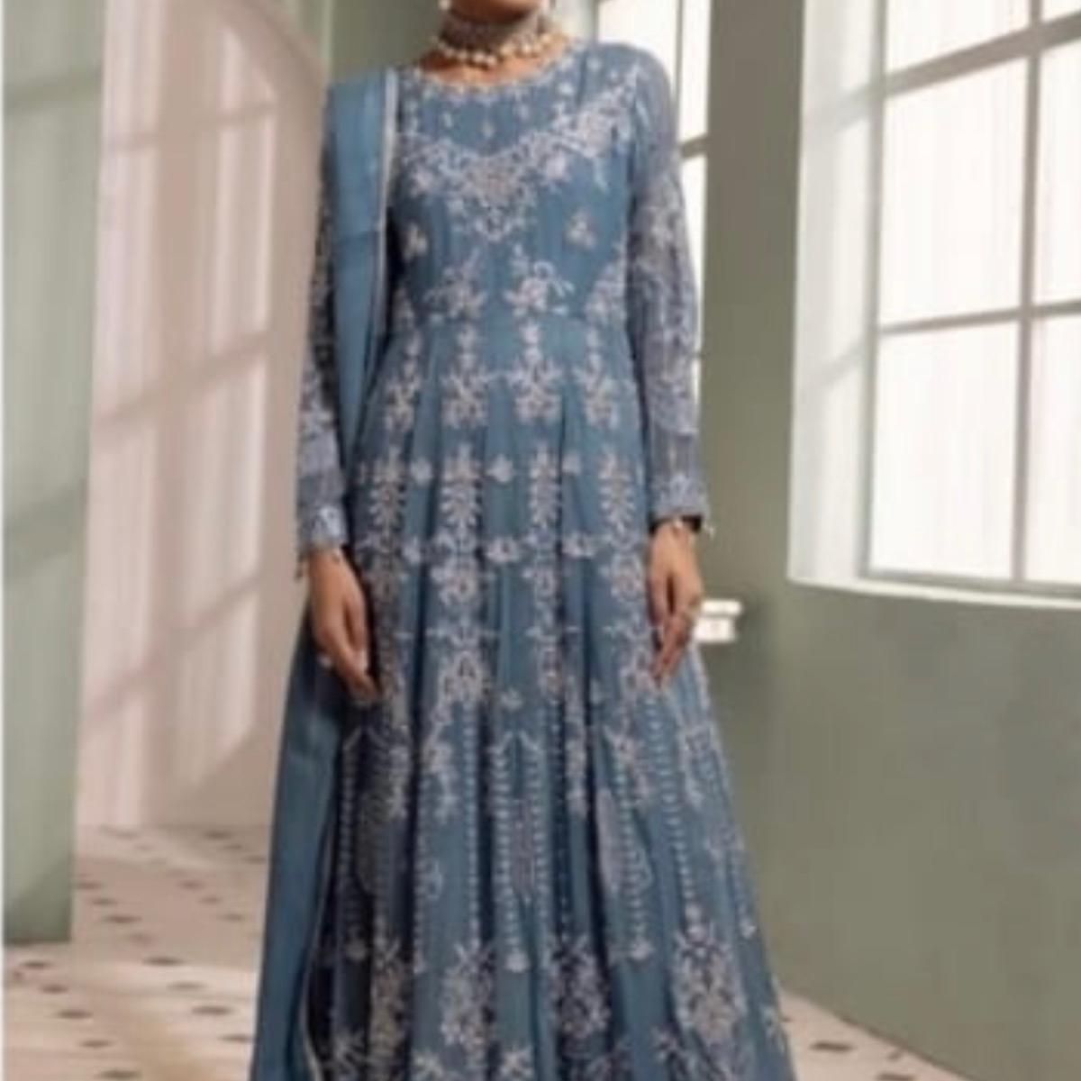 Dusty blue Allys heavy embroidered chiffon maxi dress
