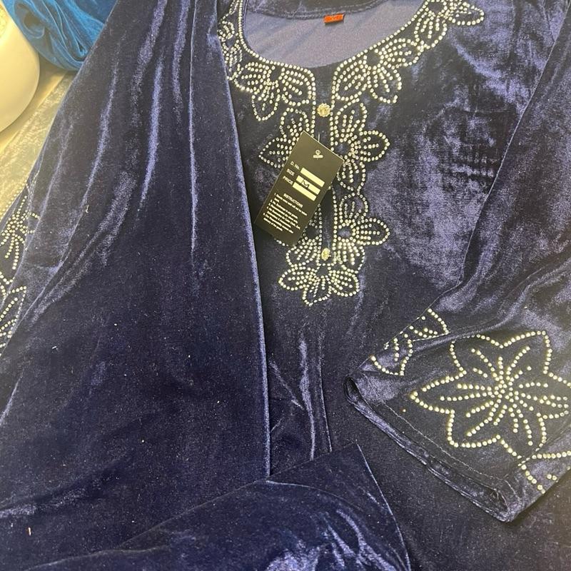 Navy Blue Velvet 3PC Set with Straight Trousers and Shawl Embellished with Rhinestones for Elegant Outfits