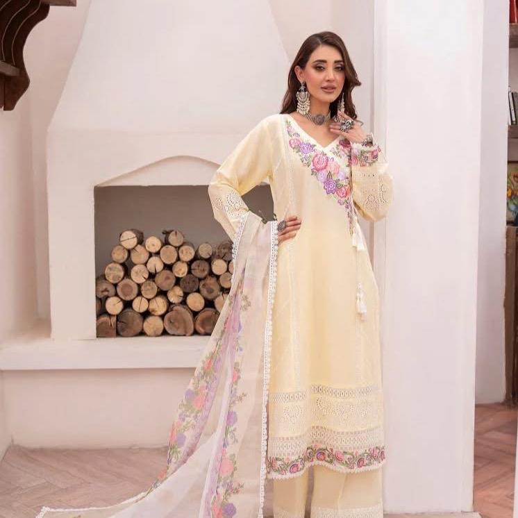 Karma cotton embroidered yellow 3PC