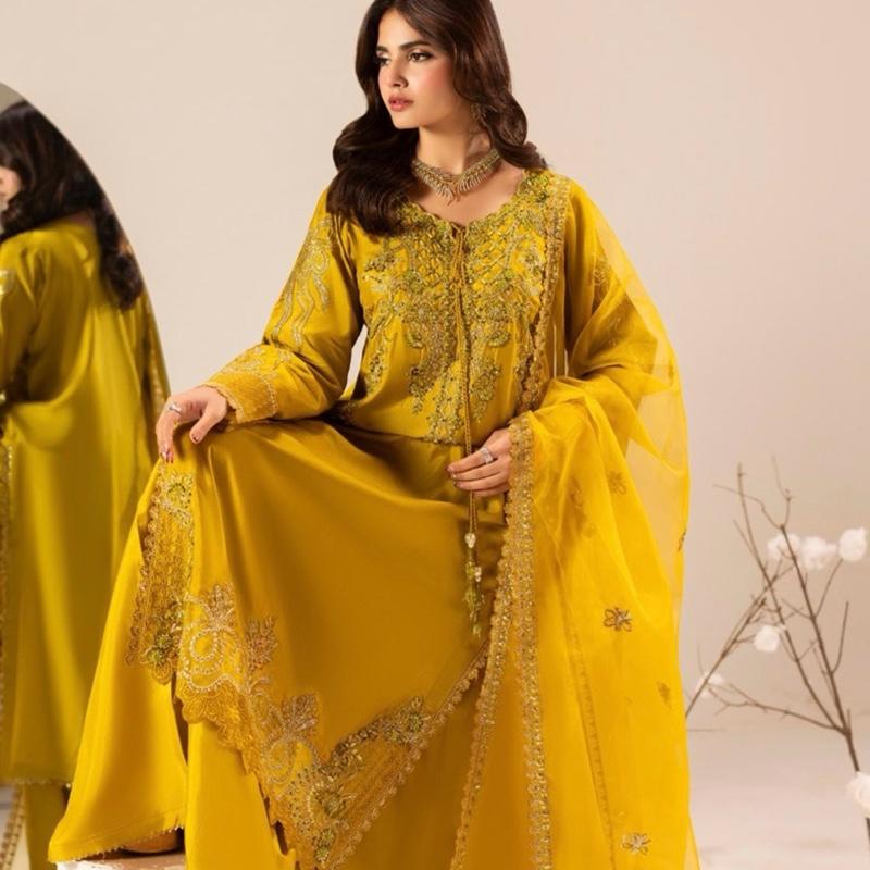 Zahra Rubab yellow silk fancy 3PC