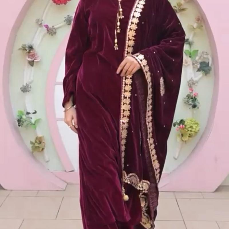 Velvet 3PC suit with velvet embroidered shawl purple