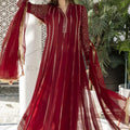 Red chiffon dress mirror work embroidered 3PC