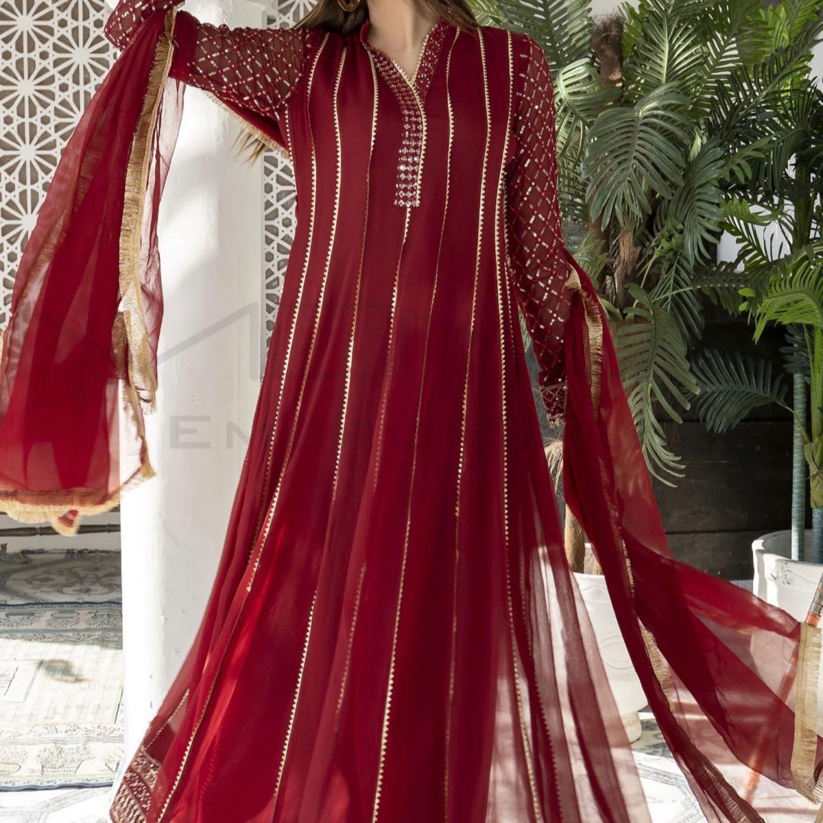 Red chiffon dress mirror work embroidered 3PC