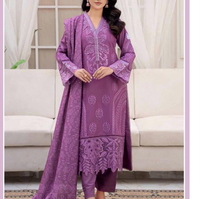 Purple embroidered dhanak 3PC with pashmina shawl