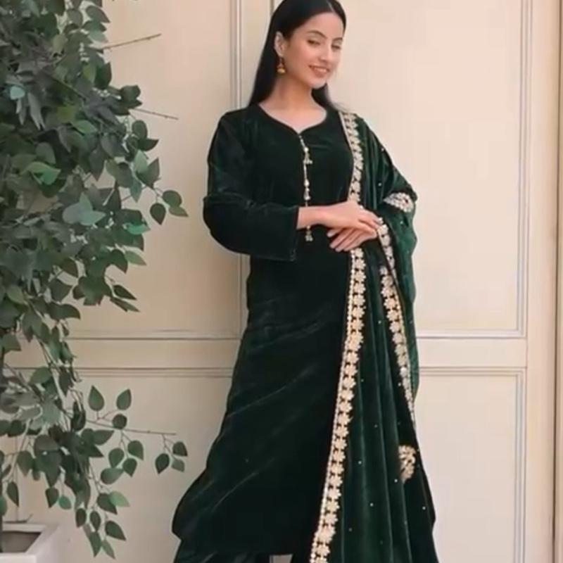 Women's Velvet Dark Green 3PC Suit with Embroidered Shawl - Comfortable and Stylish dark green- Womenswear