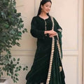 Women's Velvet Dark Green 3PC Suit with Embroidered Shawl - Comfortable and Stylish dark green- Womenswear