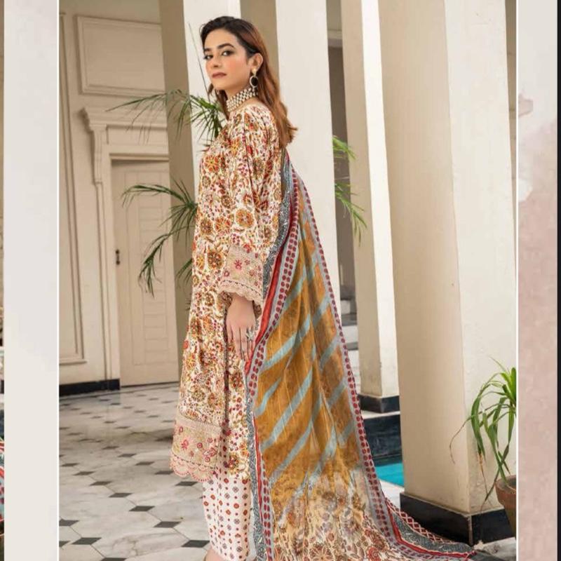 Linen floral print with embroidered 3PC