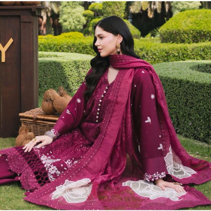 Allays Dark Pink mother daughter matching Heavy Embroidered Fancy Cotton 3PC
