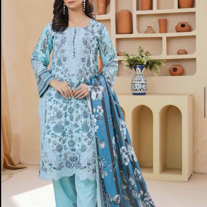 Blue printed with embroidery 3PC