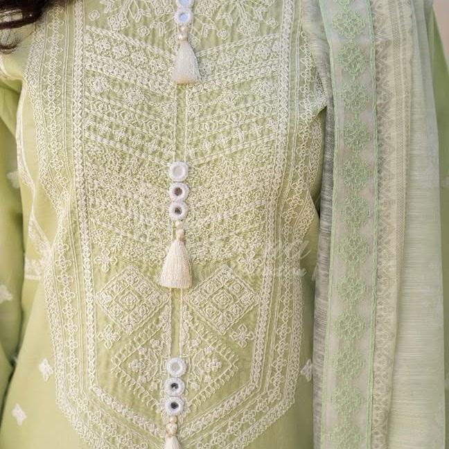 Karma Pistachio Green Cotton Embroidered 3PC Set with Plazo Trousers & Dupatta for Everyday & Special Occasions