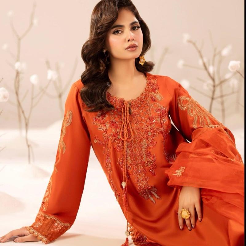 Elegant Orange Embroidered Dress with Matching Dupatta and Bag for Special Occasions
