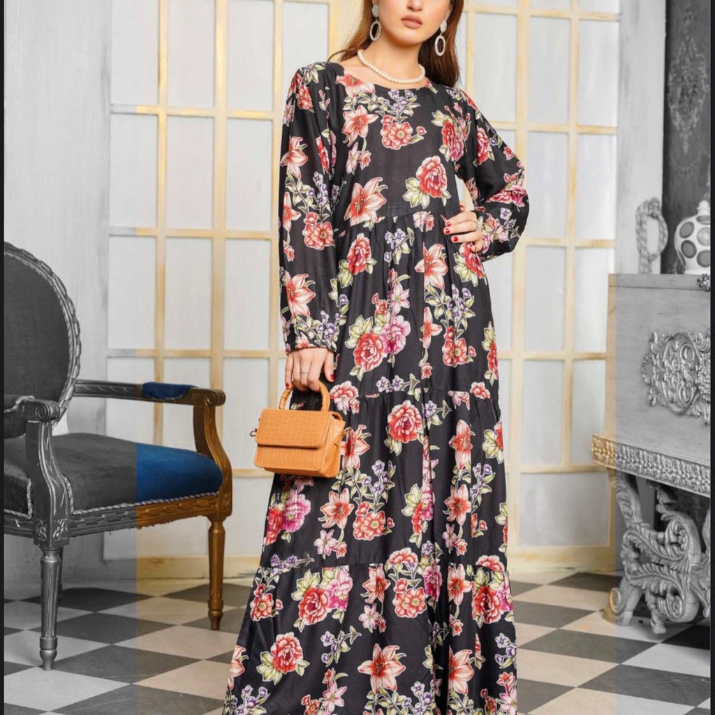 Simrans Black with multi floral linen long maxi