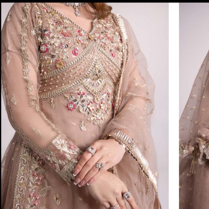 Heavy Maxi Dress with Gown Dupatta and Trousers in Elegant Pink and White Embroidered Design