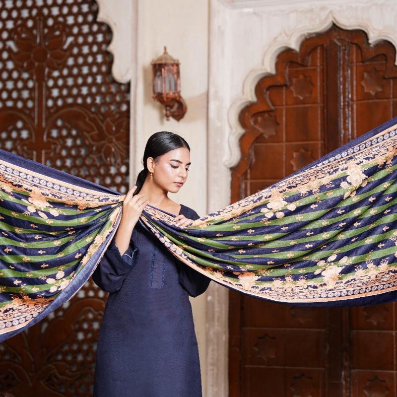 Blue plain suit with printed shawl