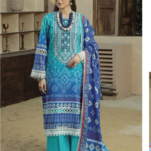 Ally's Lawn Embroidered Blue Chunri Print Suit for Women - Casual Summer Dress with Long Sleeves - Maxi, Comfort, Womenswear