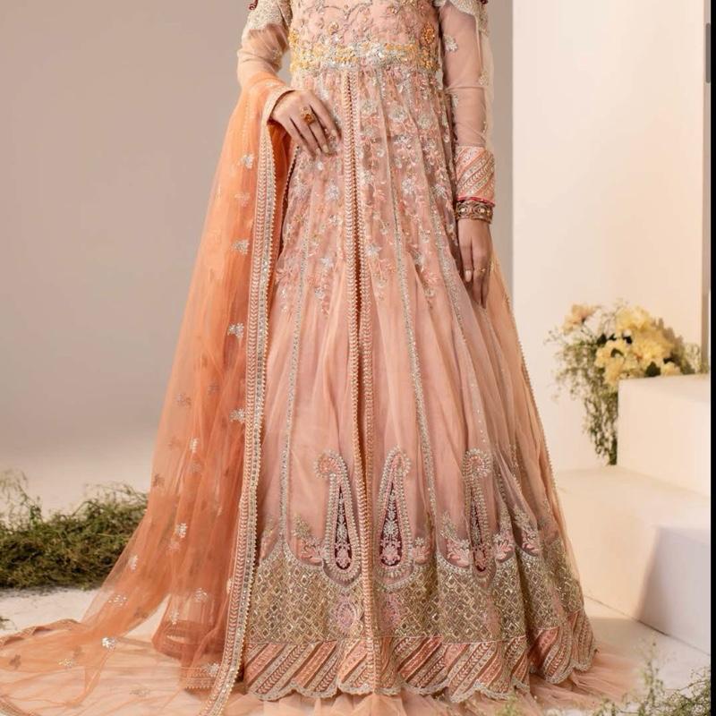 Zahra Rubab peach heavy maxi dress with dupatta and trousers