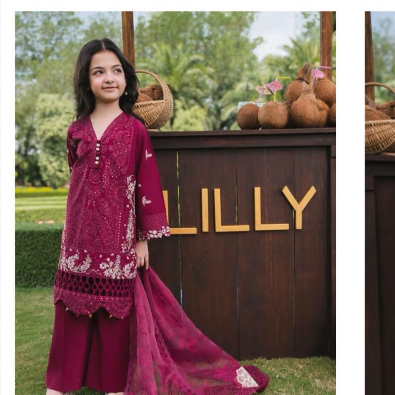 Allays Dark Pink mother daughter matching Heavy Embroidered Fancy Cotton 3PC