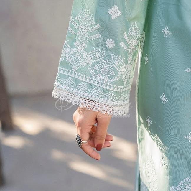 Sage Green Embroidered Shirt with Floral Dupatta and Farshi Shalwar for Women - Womenswear, Top