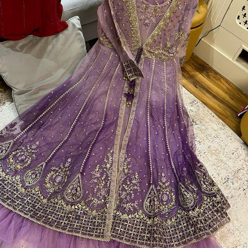 Purple shaded maxi dress with dupatta and trousers
