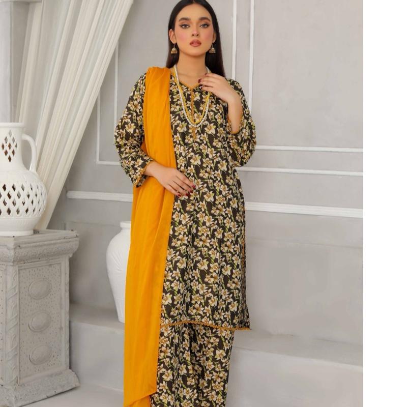 Simrans printed 3PC with chiffon plain dupatta