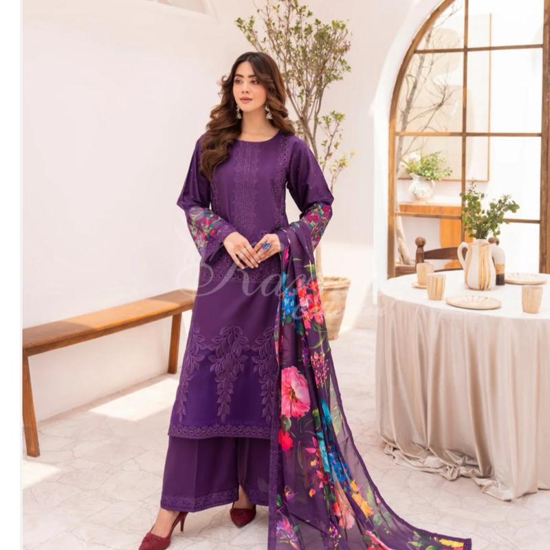 Karma dark purple cotton embroidered 3Pc
