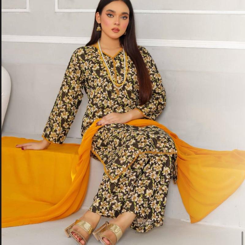 Simrans printed 3PC with chiffon plain dupatta