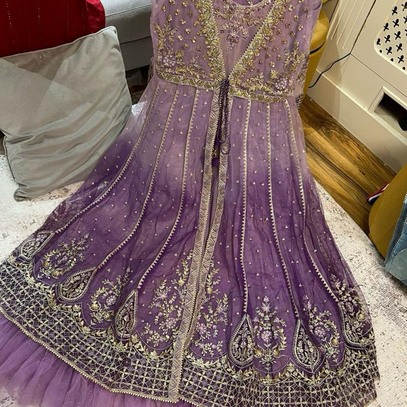 Purple shaded maxi dress with dupatta and trousers