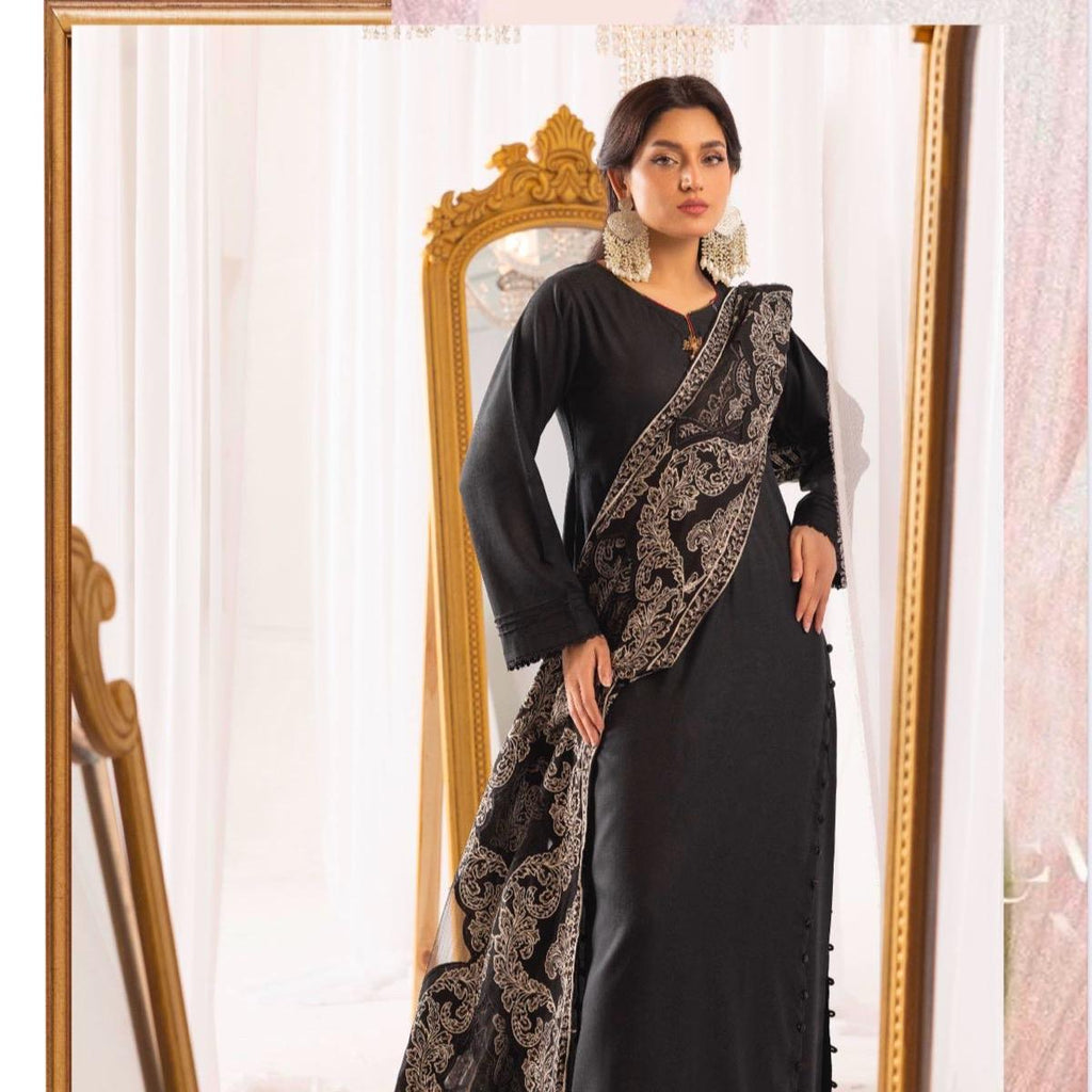 Simrans dhanak 3PC with laser Kari shawl black
