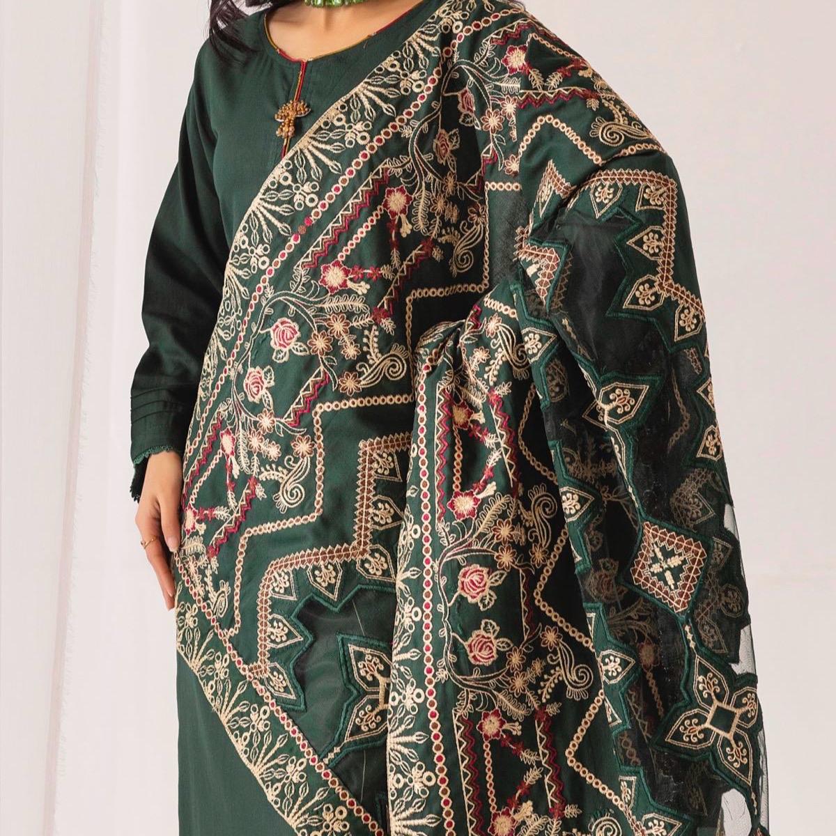 Simrans winter dhanak suit with laser kari shawl green