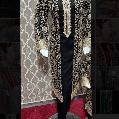 Black Embroidered Linen 3PC Gown Style for Women - Traditional Clothing