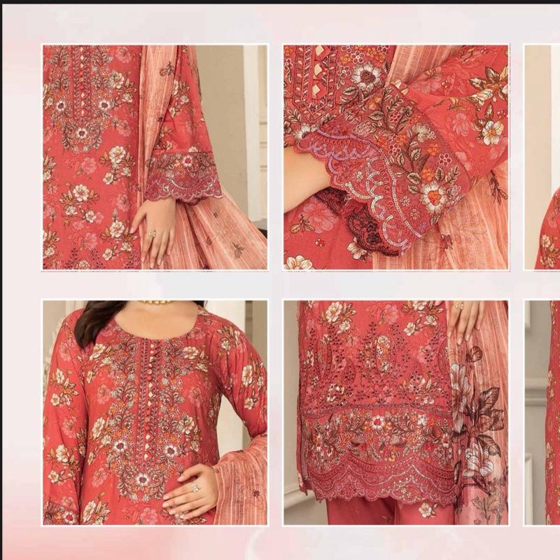 Linen Floral Print 3PC Set with Embroidered Top Trousers & Med Munaar Dupatta for Women's Fashion