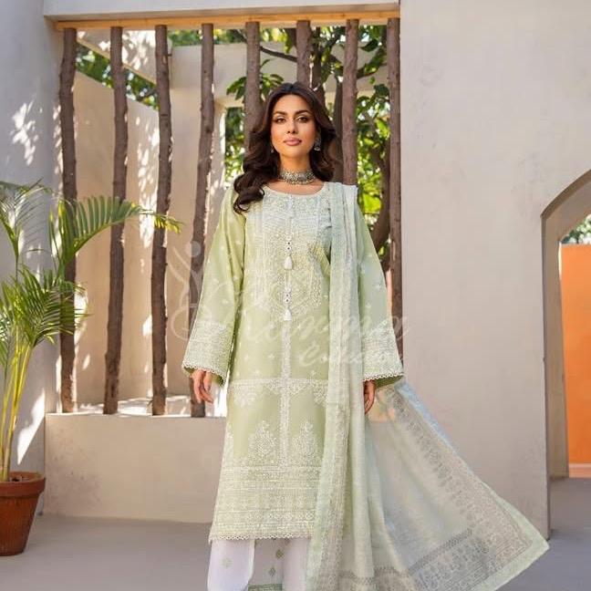 Karma Pistachio Green Cotton Embroidered 3PC Set with Plazo Trousers & Dupatta for Everyday & Special Occasions