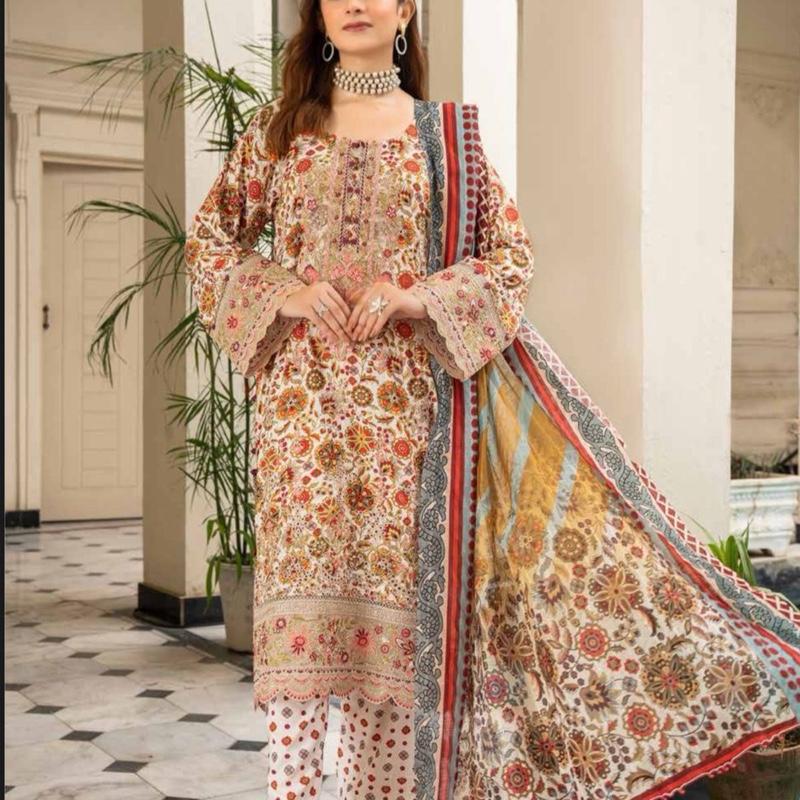 Linen floral print with embroidered 3PC