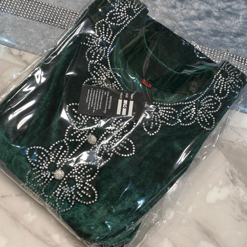 Dark Green Velvet 3PC Suit with Straight Trousers and Shawl Embellished with Rhinestones for Formal Occasions
