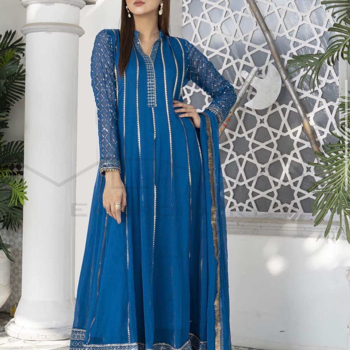 Zinc mirror work embroidered chiffon dress 3PC
