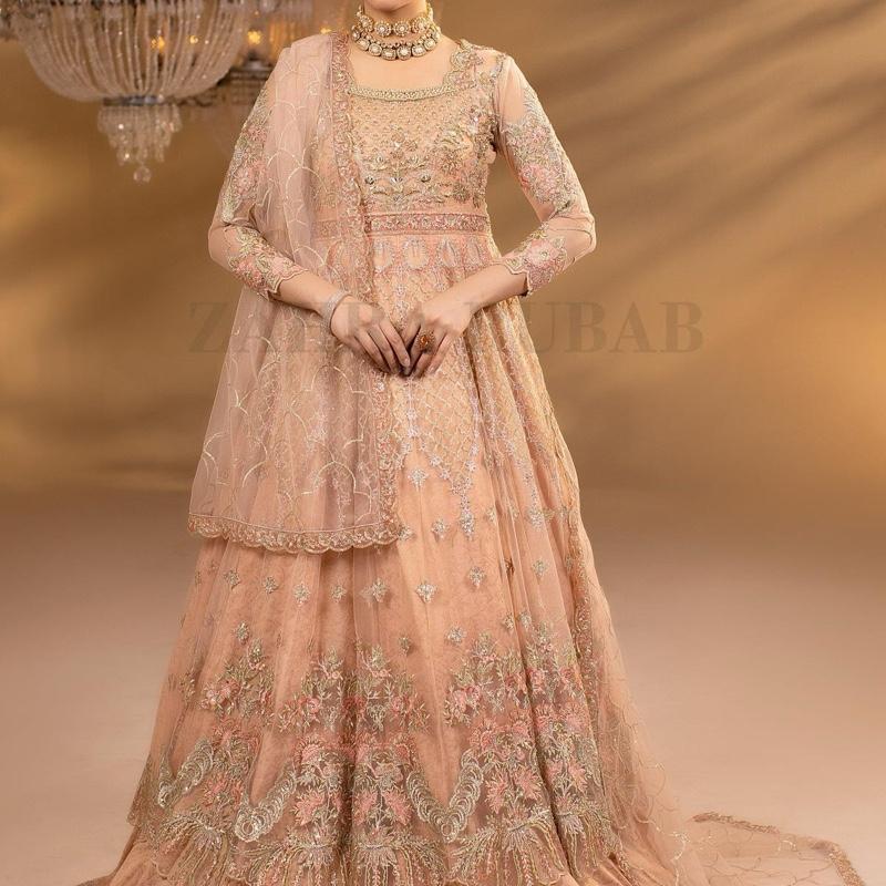 Heavy Fancy Wedding/Eid Maxi Dress with Heavy Dupatta and Trousers for Women - Comfort, Womenswear peach colour