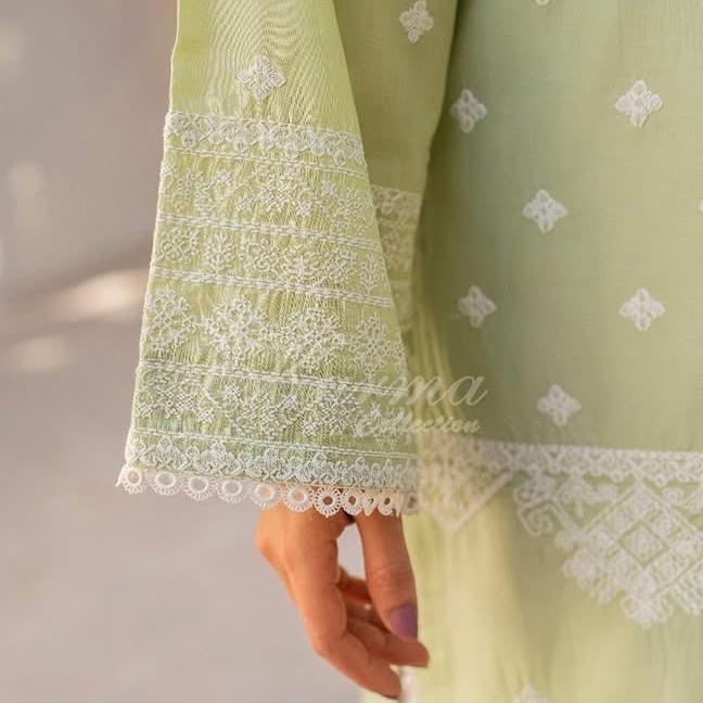 Karma Pistachio Green Cotton Embroidered 3PC Set with Plazo Trousers & Dupatta for Everyday & Special Occasions