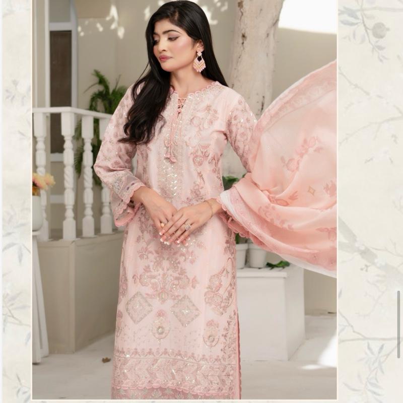 Munira powder pink fancy cotton embroidered 3PC